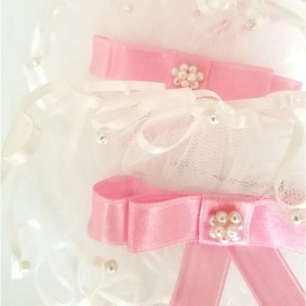 New Handmade Lace Pearl Beaded Pink Bow Ribbon Large Hairclips (Set of 3)